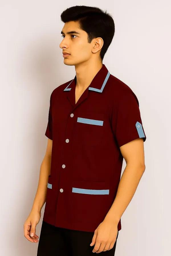 Maroon_Staff_Apron_|_3_Pocket_Apron_V-Neck_Half_Sleeves_|_Style_With_Contrast_Sky_Blue_Strip_|_Uniform_For_Medical_Professionals_(Staff_&_Nursing)