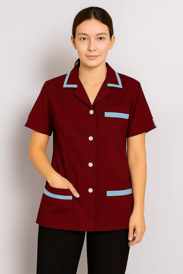 Maroon_Staff_Apron_|_3_Pocket_Apron_V-Neck_Half_Sleeves_|_Style_With_Contrast_Sky_Blue_Strip_|_Uniform_For_Medical_Professionals_(Staff_&_Nursing)