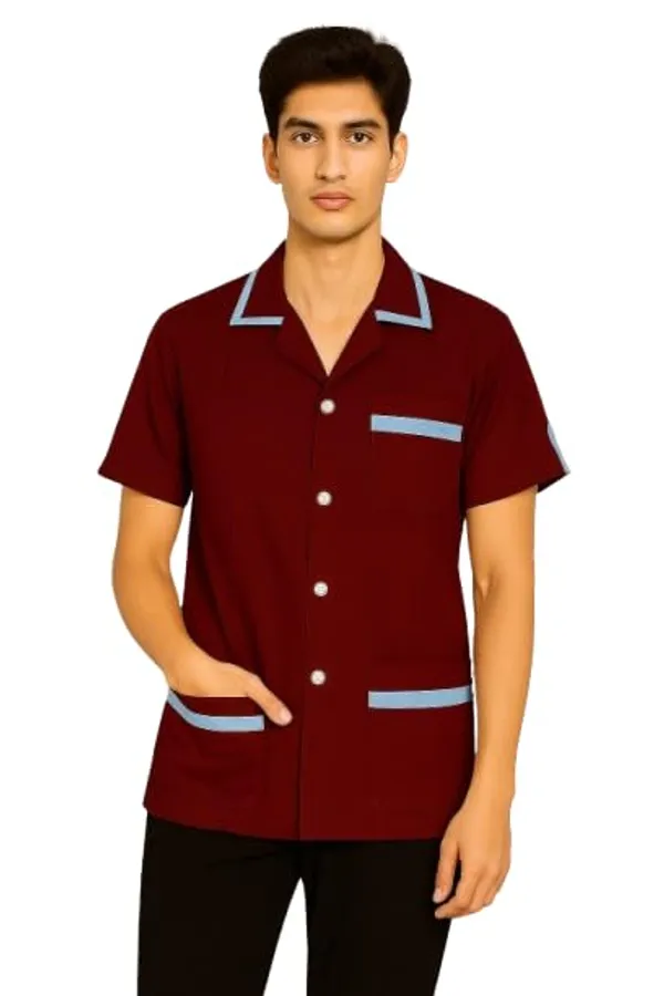 Maroon_Staff_Apron_|_3_Pocket_Apron_V-Neck_Half_Sleeves_|_Style_With_Contrast_Sky_Blue_Strip_|_Uniform_For_Medical_Professionals_(Staff_&_Nursing)