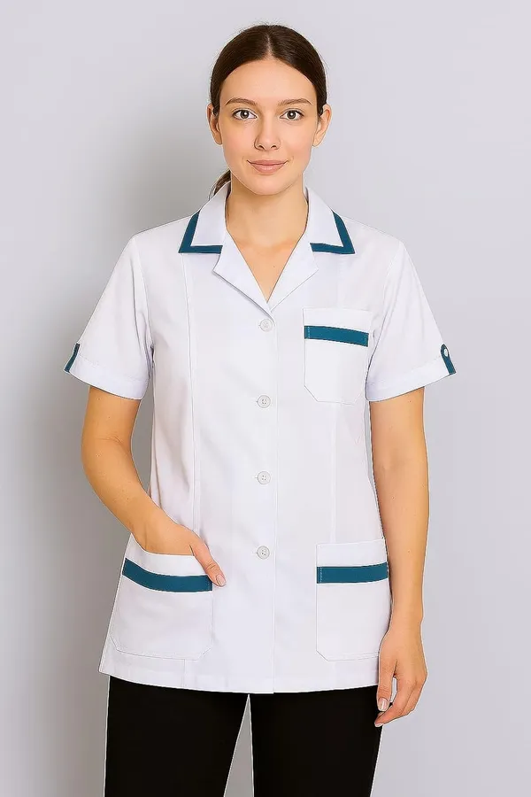 White_Staff_Apron_|_Unisex_3-Pocket_Apron_|_Half_Sleeves_|_V_Neck_|_style_with_Contrast_sky_blue_Strip_|_Comfortable_|_Durable_|_Uniform_for_Medical_Professionals_(Staff_&_Nursing)