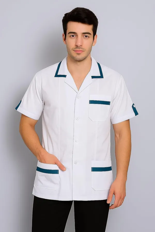 White_Staff_Apron_|_Unisex_3-Pocket_Apron_|_Half_Sleeves_|_V_Neck_|_style_with_Contrast_sky_blue_Strip_|_Comfortable_|_Durable_|_Uniform_for_Medical_Professionals_(Staff_&_Nursing)