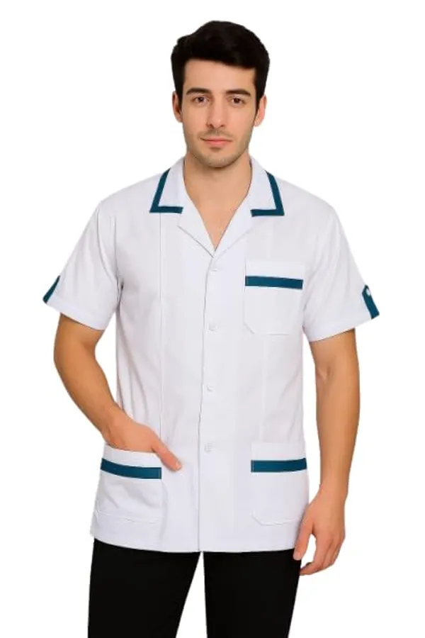 White_Staff_Apron_|_Unisex_3-Pocket_Apron_|_Half_Sleeves_|_V_Neck_|_style_with_Contrast_sky_blue_Strip_|_Comfortable_|_Durable_|_Uniform_for_Medical_Professionals_(Staff_&_Nursing)