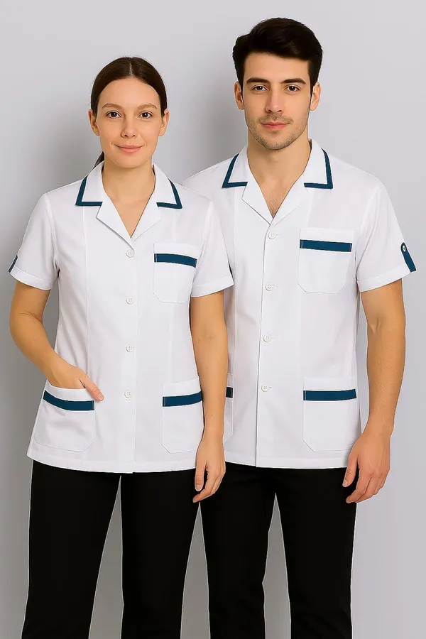 White_Staff_Apron_|_Unisex_3-Pocket_Apron_|_Half_Sleeves_|_V_Neck_|_style_with_Contrast_sky_blue_Strip_|_Comfortable_|_Durable_|_Uniform_for_Medical_Professionals_(Staff_&_Nursing)