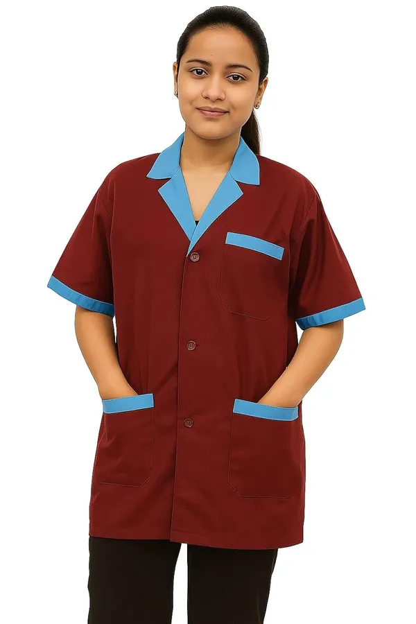 Maroon_Staff_Apron_|_3_Pocket_Apron_V-Neck_Half_Sleeves_|_Style_With_Sky_Blue_Collar_|_Uniform_For_Medical_Professionals_(Staff_&_Nursing)