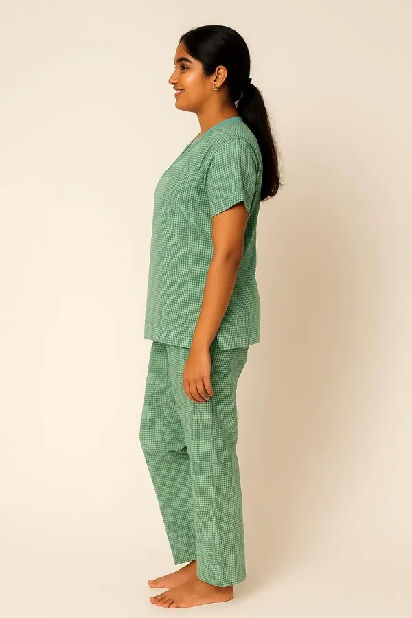 Green_Patient_Kurta_Pajama_Set_|_Green_Checkered_Cotton_|_V-Neck_With_Tie-Up_|_Front_Open_|_Free_Size