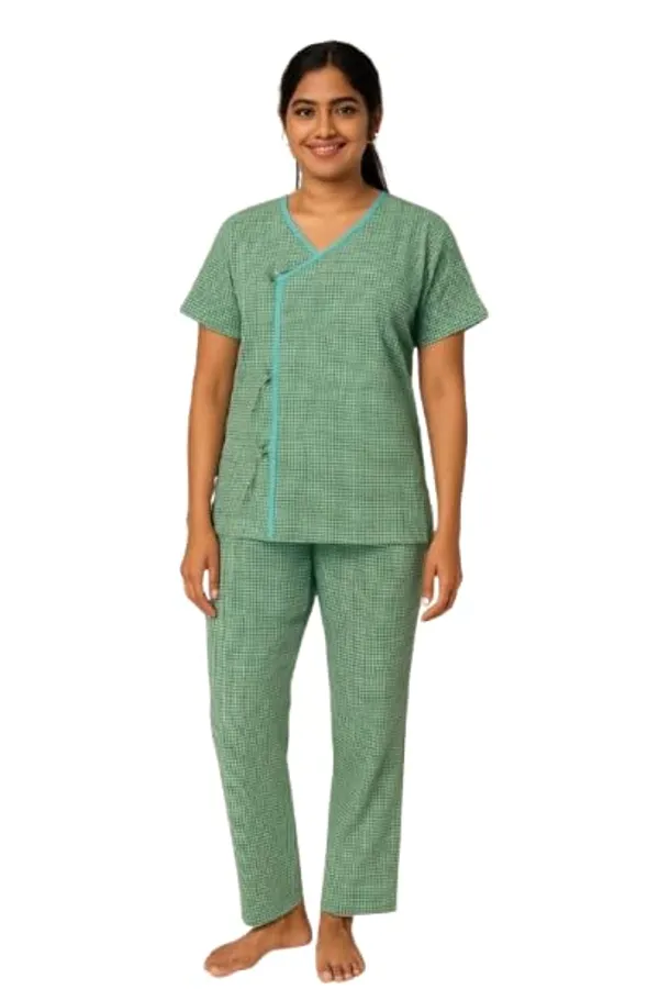Green_Patient_Kurta_Pajama_Set_|_Green_Checkered_Cotton_|_V-Neck_With_Tie-Up_|_Front_Open_|_Free_Size