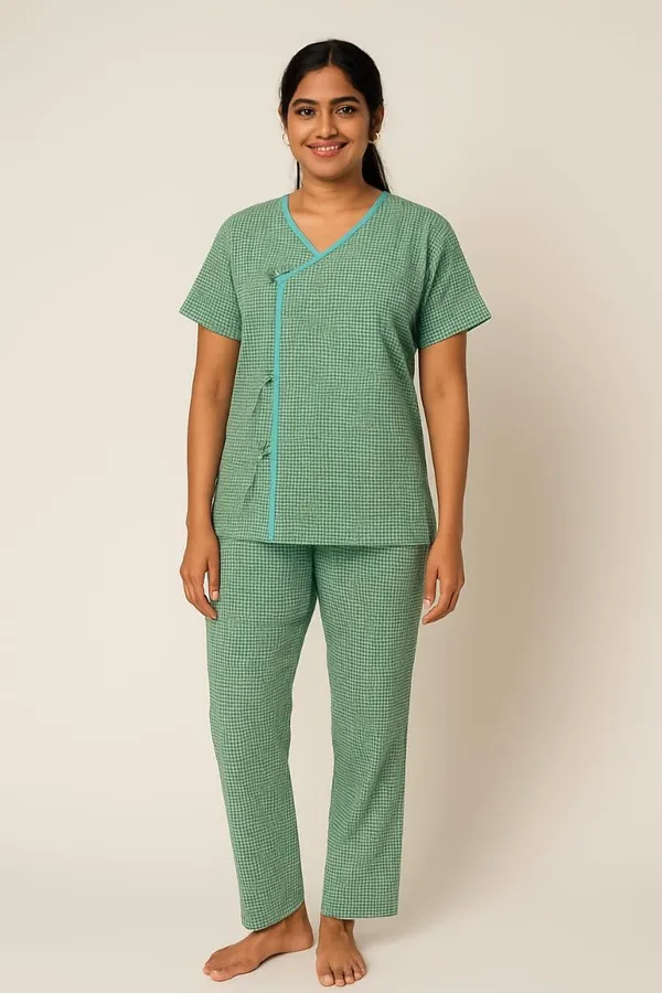 Green_Patient_Kurta_Pajama_Set_|_Green_Checkered_Cotton_|_V-Neck_With_Tie-Up_|_Front_Open_|_Free_Size