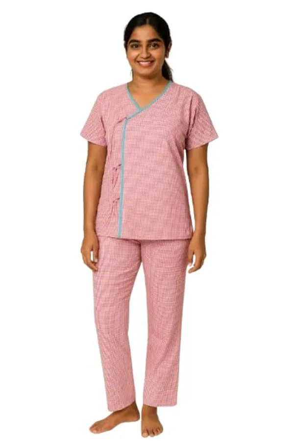 Pink_Hospital_Patient_Kurta_Pajama_Set_|_Pink_Checkered_Cotton_|_V-Neck_With_Tie-Up_|_Front_Open