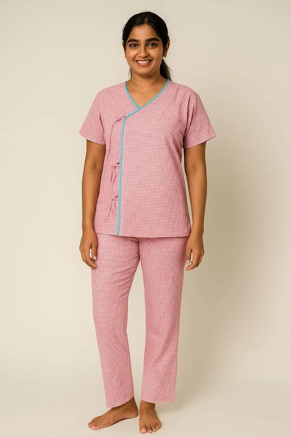 Pink_Hospital_Patient_Kurta_Pajama_Set_|_Pink_Checkered_Cotton_|_V-Neck_With_Tie-Up_|_Front_Open