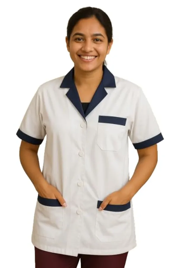 White_Staff_Apron_|_3_Pocket_Apron_V-Neck_Half_Sleeves_|_Style_With_Navy_Blue_Collar_|_Uniform_For_Medical_Professionals_(Staff_&_Nursing)