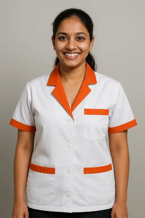 White_Staff_Apron_|_3_Pocket_Apron_V-Neck_Half_Sleeves_|_Style_With_Orange_Collar_|_Uniform_For_Medical_Professionals_(Staff_&_Nursing)