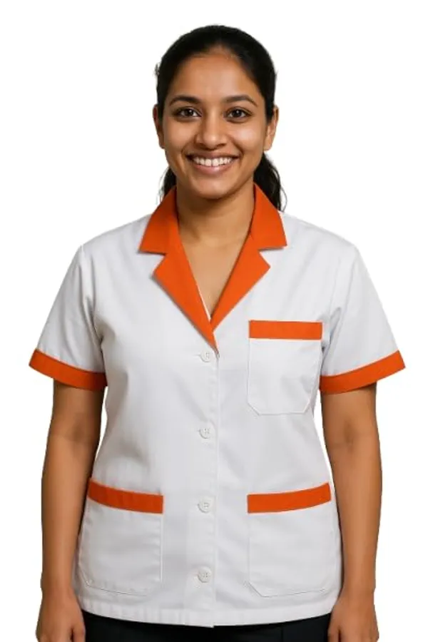 White_Staff_Apron_|_3_Pocket_Apron_V-Neck_Half_Sleeves_|_Style_With_Orange_Collar_|_Uniform_For_Medical_Professionals_(Staff_&_Nursing)