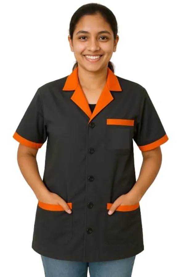 Black_Staff_Apron_|_3_Pocket_Apron_V-Neck_Half_Sleeves_|_Style_With_Orange_Collar_|_Uniform_For_Medical_Professionals_(Staff_&_Nursing)
