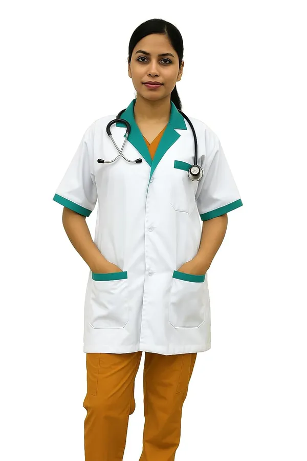 White_Staff_Apron_|_3_Pocket_Apron_V-Neck_Half_Sleeves_|_Style_With_Green_Collar_|_Uniform_For_Medical_Professionals_(Staff_&_Nursing)