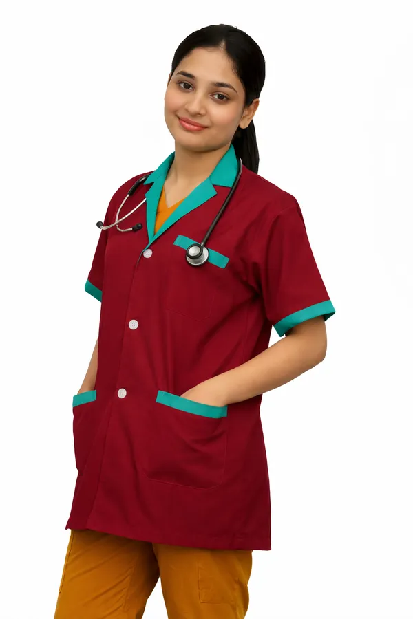 Medical_Staff_Apron_|_Maroon_with_Green_Trim_|_Short_Sleeve_|_Button_Front_Closure_|_Multiple_Pockets,_Professional_Staff_Uniform_Coat
