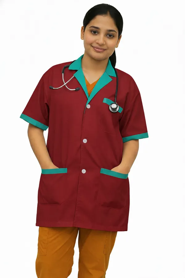Medical_Staff_Apron_|_Maroon_with_Green_Trim_|_Short_Sleeve_|_Button_Front_Closure_|_Multiple_Pockets,_Professional_Staff_Uniform_Coat