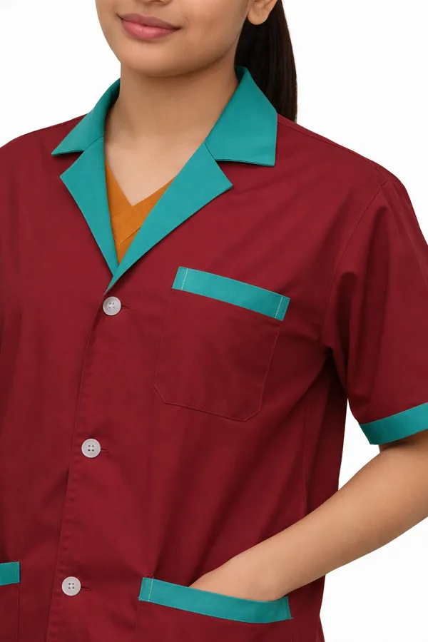 Medical_Staff_Apron_|_Maroon_with_Green_Trim_|_Short_Sleeve_|_Button_Front_Closure_|_Multiple_Pockets,_Professional_Staff_Uniform_Coat