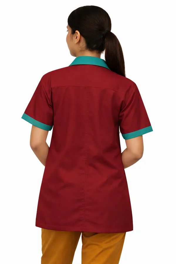 Medical_Staff_Apron_|_Maroon_with_Green_Trim_|_Short_Sleeve_|_Button_Front_Closure_|_Multiple_Pockets,_Professional_Staff_Uniform_Coat