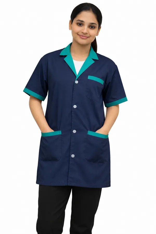 Medical_Staff_Apron_|_Navy_Blue_with_Green_Trim_|_Short_Sleeve_|_Button_Front_Closure_|_Multiple_Pockets,_Professional_Staff_Uniform_Coat
