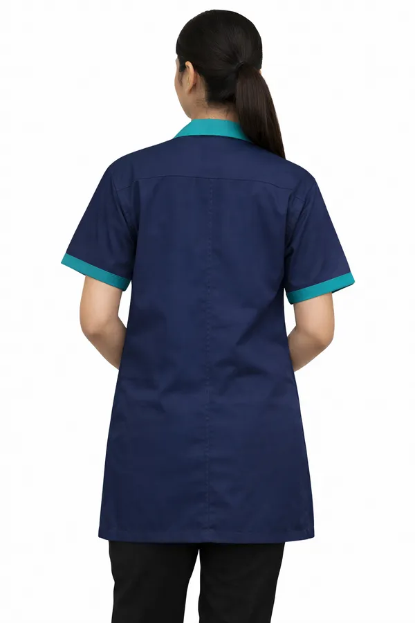 Medical_Staff_Apron_|_Navy_Blue_with_Green_Trim_|_Short_Sleeve_|_Button_Front_Closure_|_Multiple_Pockets,_Professional_Staff_Uniform_Coat