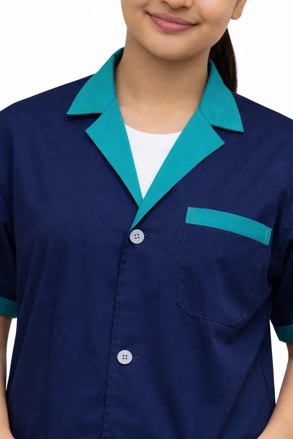 Medical_Staff_Apron_|_Navy_Blue_with_Green_Trim_|_Short_Sleeve_|_Button_Front_Closure_|_Multiple_Pockets,_Professional_Staff_Uniform_Coat