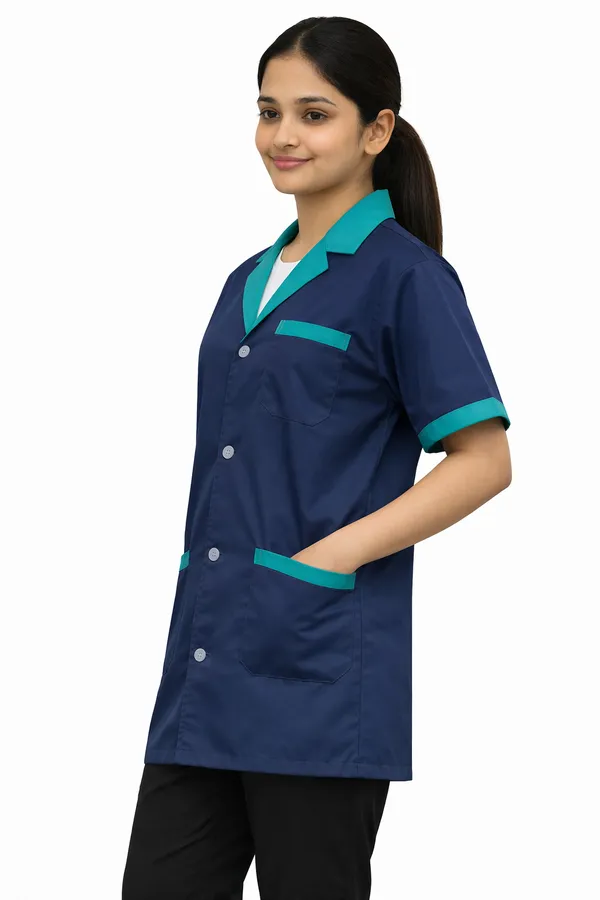 Medical_Staff_Apron_|_Navy_Blue_with_Green_Trim_|_Short_Sleeve_|_Button_Front_Closure_|_Multiple_Pockets,_Professional_Staff_Uniform_Coat