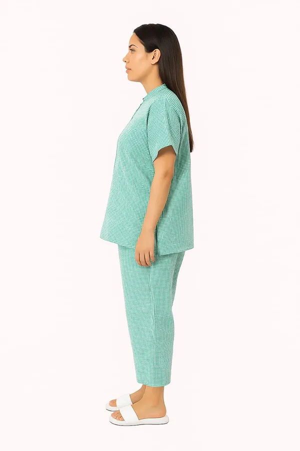 Patient_Kurta_Pajama_Set_|_Green_Checkered_Cotton_|_V-Neck_Front_Open_|_Free_Size