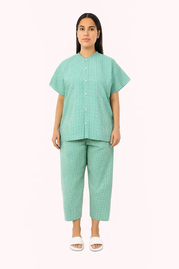 Patient_Kurta_Pajama_Set_|_Green_Checkered_Cotton_|_V-Neck_Front_Open_|_Free_Size