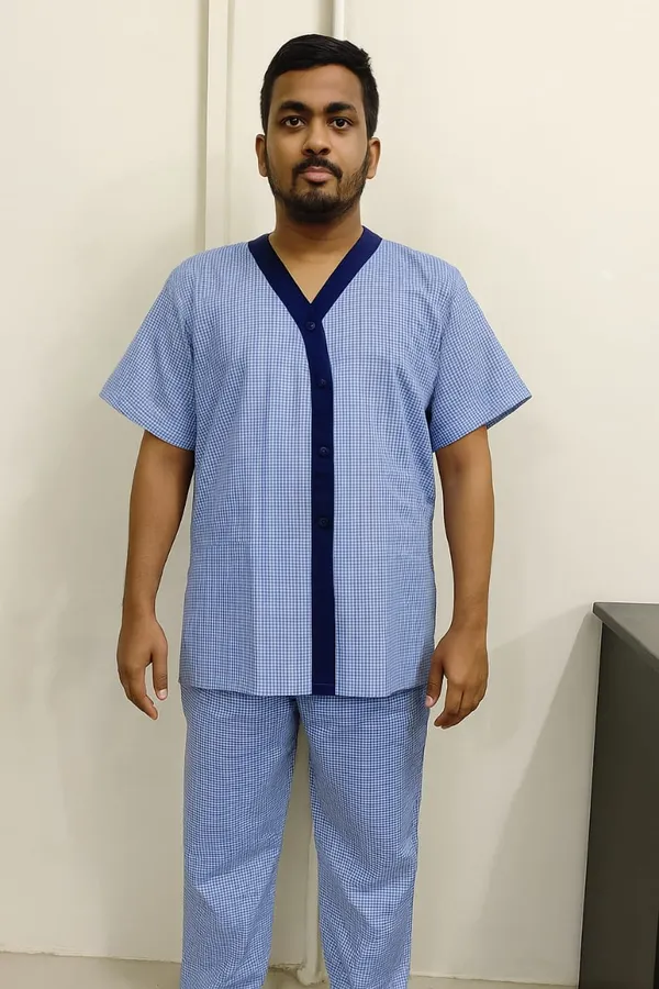 Unisex_Patient_Kurta_Pajama_Set_|_Blue_Cotton_Checkered_Hospital_Wear_for_Men_&_Women_|_Comfortable_&_Breathable_Medical_Clothing_with_Front_Button_Closure_|_Free_Size