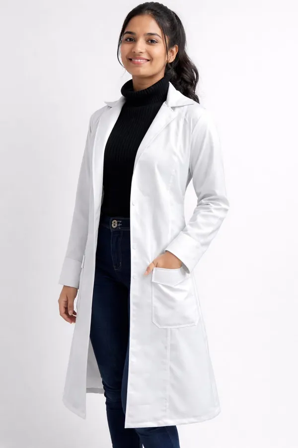 Women's_Professional_White_Over_coat_|_Full_Sleeves_|_Calf_Length_|_Notch_Collar_with_Pockets_for_Doctors,_Medical_Staff,_Laboratory_Workers
