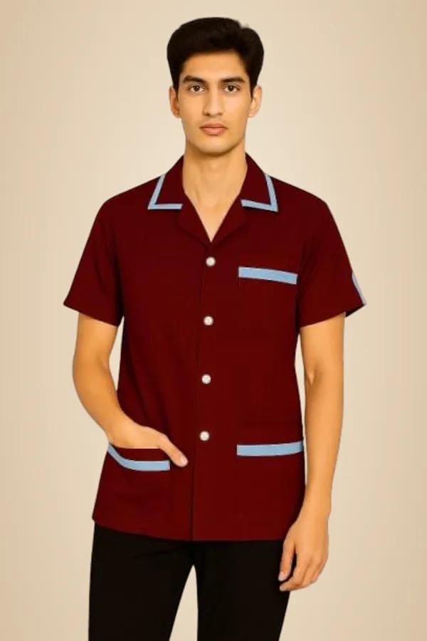 Maroon_Staff_Apron_|_3_Pocket_Apron_V-Neck_Half_Sleeves_|_Style_With_Contrast_Sky_Blue_Strip_|_Uniform_For_Medical_Professionals_(Staff_&_Nursing)