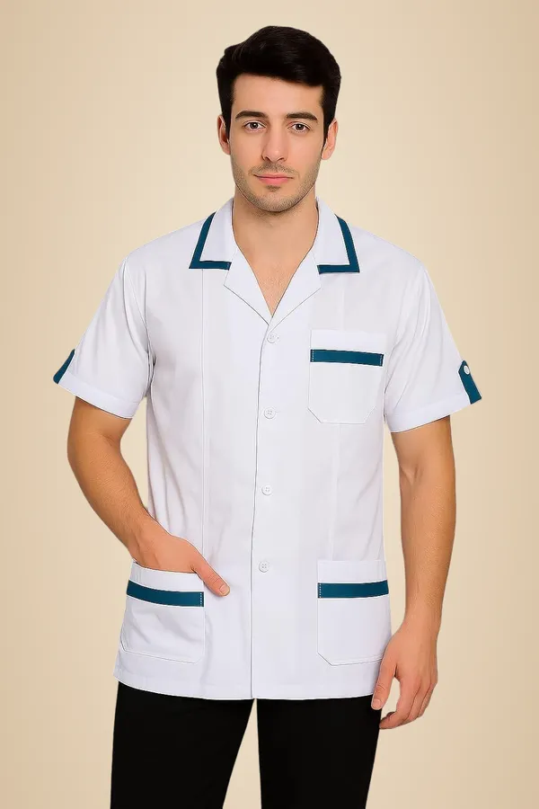 White_Staff_Apron_|_Unisex_3-Pocket_Apron_|_Half_Sleeves_|_V_Neck_|_style_with_Contrast_sky_blue_Strip_|_Comfortable_|_Durable_|_Uniform_for_Medical_Professionals_(Staff_&_Nursing)