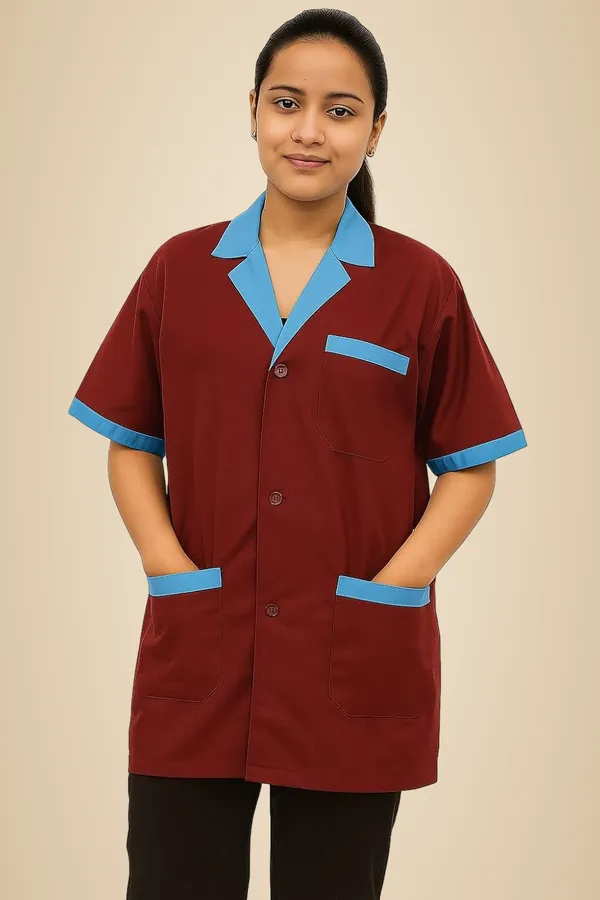 Maroon_Staff_Apron_|_3_Pocket_Apron_V-Neck_Half_Sleeves_|_Style_With_Sky_Blue_Collar_|_Uniform_For_Medical_Professionals_(Staff_&_Nursing)