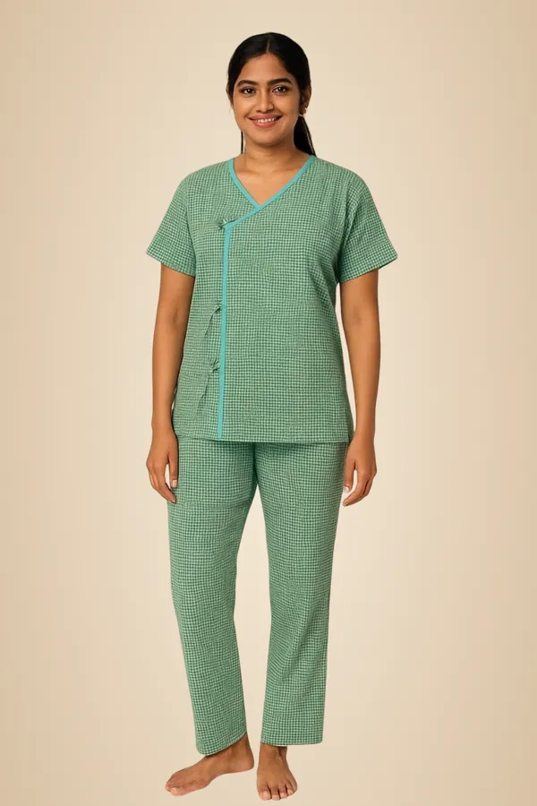 Green_Patient_Kurta_Pajama_Set_|_Green_Checkered_Cotton_|_V-Neck_With_Tie-Up_|_Front_Open_|_Free_Size
