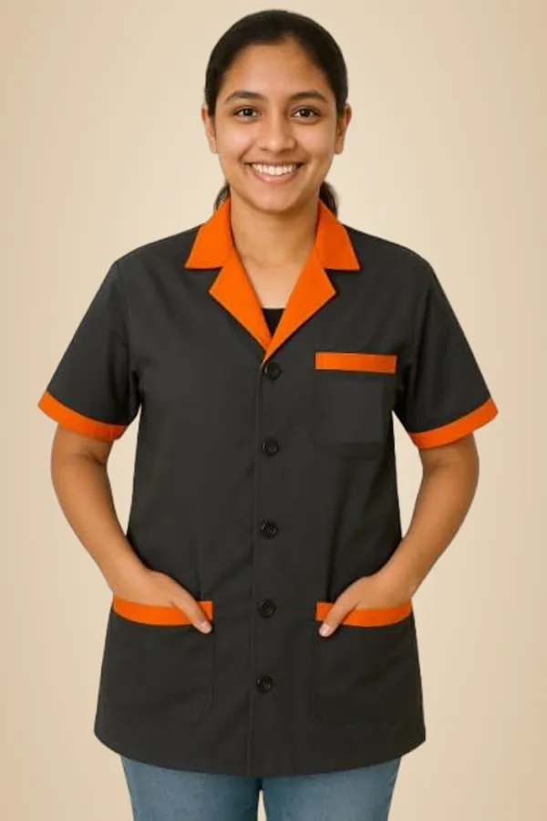 Black_Staff_Apron_|_3_Pocket_Apron_V-Neck_Half_Sleeves_|_Style_With_Orange_Collar_|_Uniform_For_Medical_Professionals_(Staff_&_Nursing)