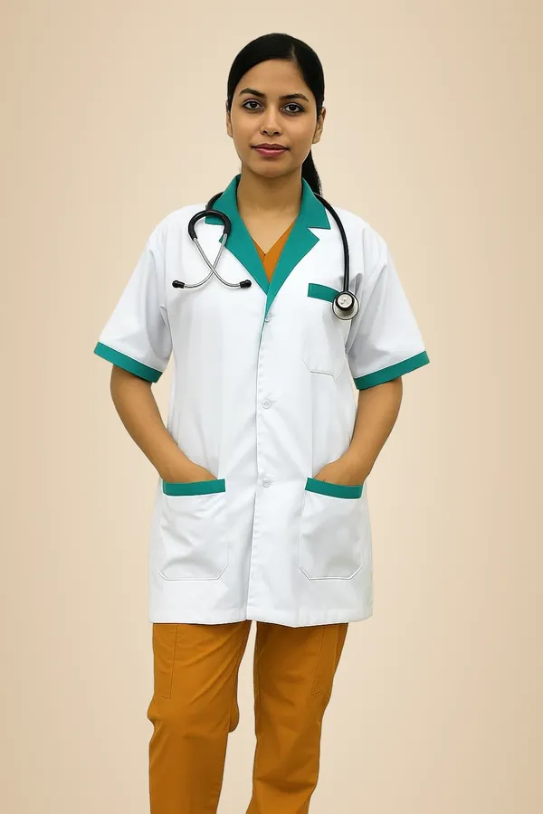 White_Staff_Apron_|_3_Pocket_Apron_V-Neck_Half_Sleeves_|_Style_With_Green_Collar_|_Uniform_For_Medical_Professionals_(Staff_&_Nursing)