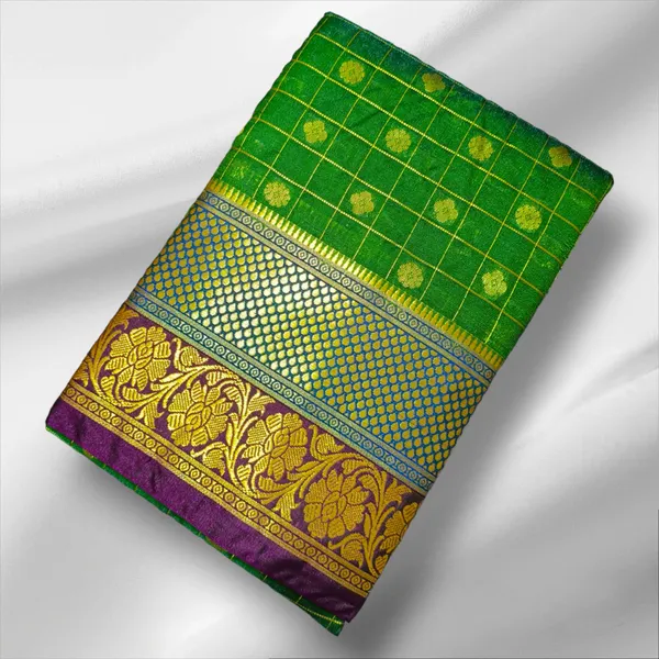 Dark_Green_Satin_Checkered_&_Woven_Pure_Kanjivaram_Saree_With_Unstitched_Blouse_Piece_For_Women