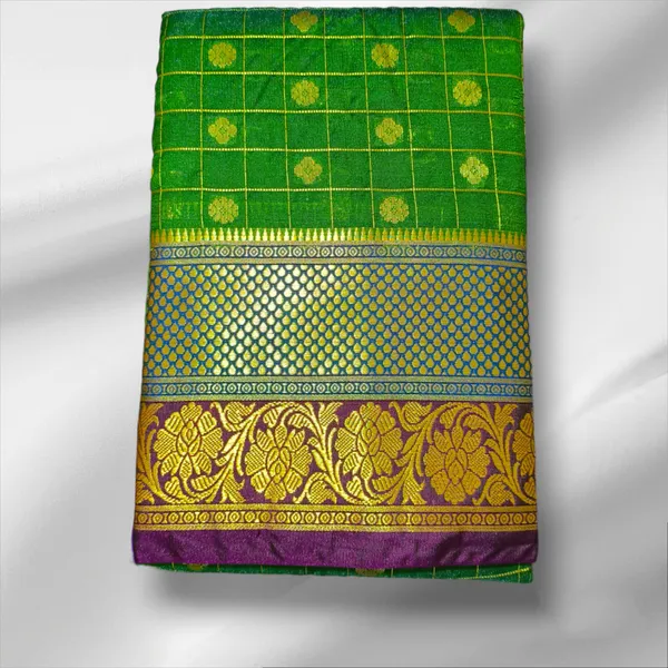 Dark_Green_Satin_Checkered_&_Woven_Pure_Kanjivaram_Saree_With_Unstitched_Blouse_Piece_For_Women