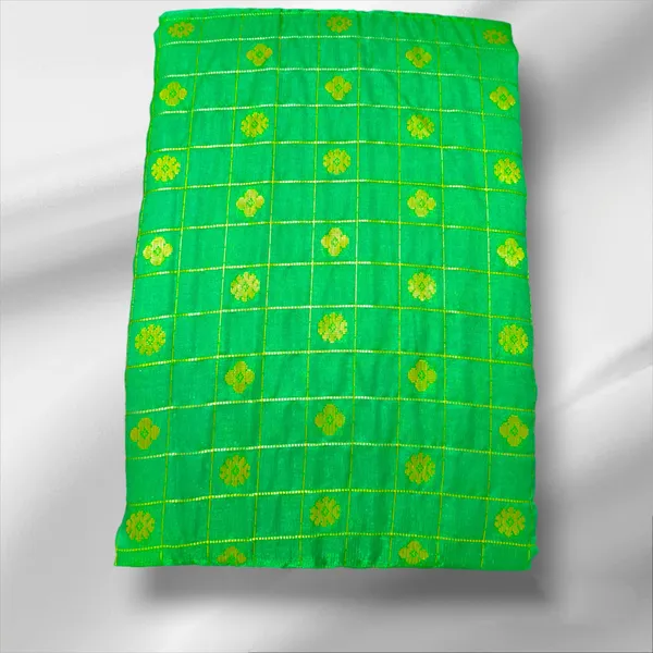 Green_Satin_Checkered_&_Woven_Pure_Kanjivaram_Saree_With_Unstitched_Blouse_Piece_For_Women