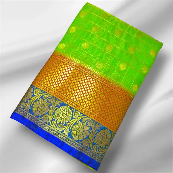 Light_Green_Satin_Checkered_&_Woven_Pure_Kanjivaram_Saree_With_Unstitched_Blouse_Piece_For_Women