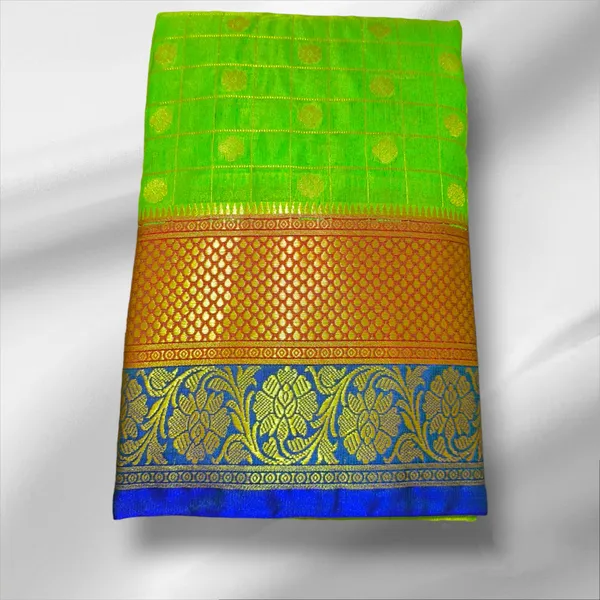 Light_Green_Satin_Checkered_&_Woven_Pure_Kanjivaram_Saree_With_Unstitched_Blouse_Piece_For_Women