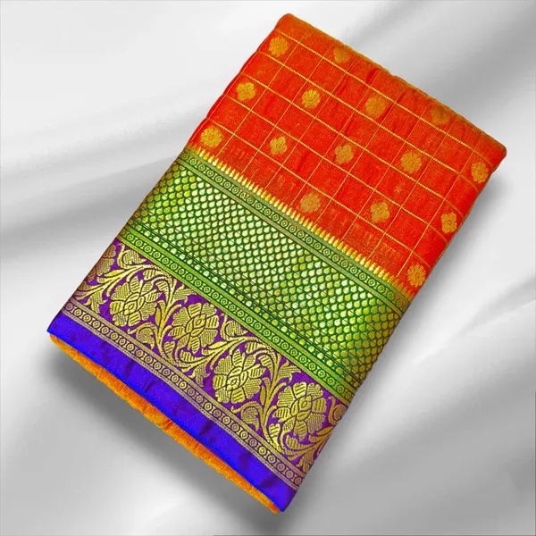 Orange_Satin_Checkered_&_Woven_Pure_Kanjivaram_Saree_With_Unstitched_Blouse_Piece_For_Women