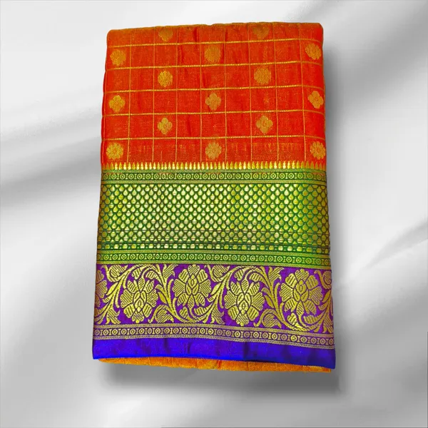 Orange_Satin_Checkered_&_Woven_Pure_Kanjivaram_Saree_With_Unstitched_Blouse_Piece_For_Women
