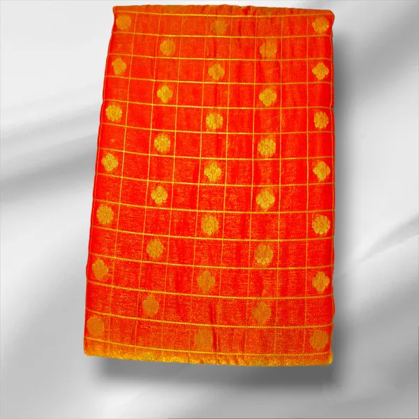 Orange_Satin_Checkered_&_Woven_Pure_Kanjivaram_Saree_With_Unstitched_Blouse_Piece_For_Women