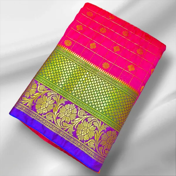 Multicolor_Satin_Checkered_&_Woven_Pure_Kanjivaram_Saree_With_Unstitched_Blouse_Piece_For_Women