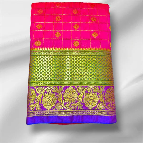 Multicolor_Satin_Checkered_&_Woven_Pure_Kanjivaram_Saree_With_Unstitched_Blouse_Piece_For_Women