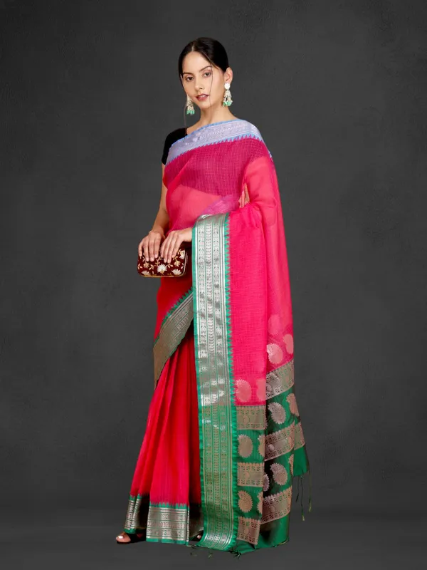 Pink_Organza_Self_Design_&_Checkered_Pure_Bollywood_Saree_With_Unstitched_Blouse_Piece_For_Women