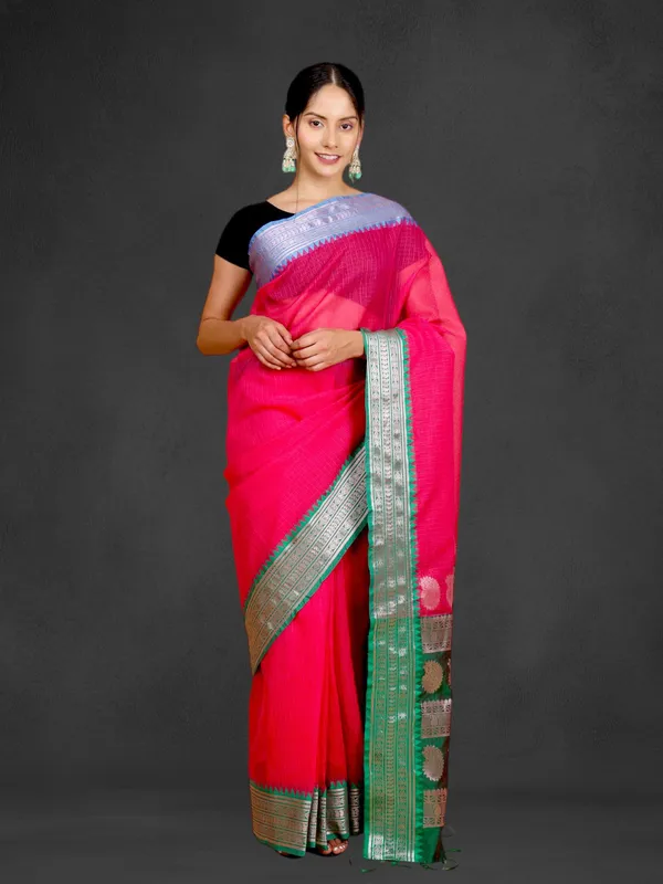 Pink_Organza_Self_Design_&_Checkered_Pure_Bollywood_Saree_With_Unstitched_Blouse_Piece_For_Women