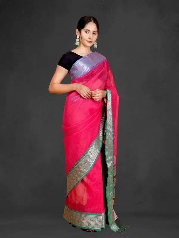 Pink_Organza_Self_Design_&_Checkered_Pure_Bollywood_Saree_With_Unstitched_Blouse_Piece_For_Women