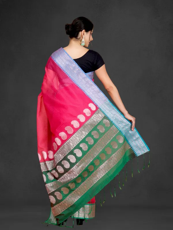 Pink_Organza_Self_Design_&_Checkered_Pure_Bollywood_Saree_With_Unstitched_Blouse_Piece_For_Women